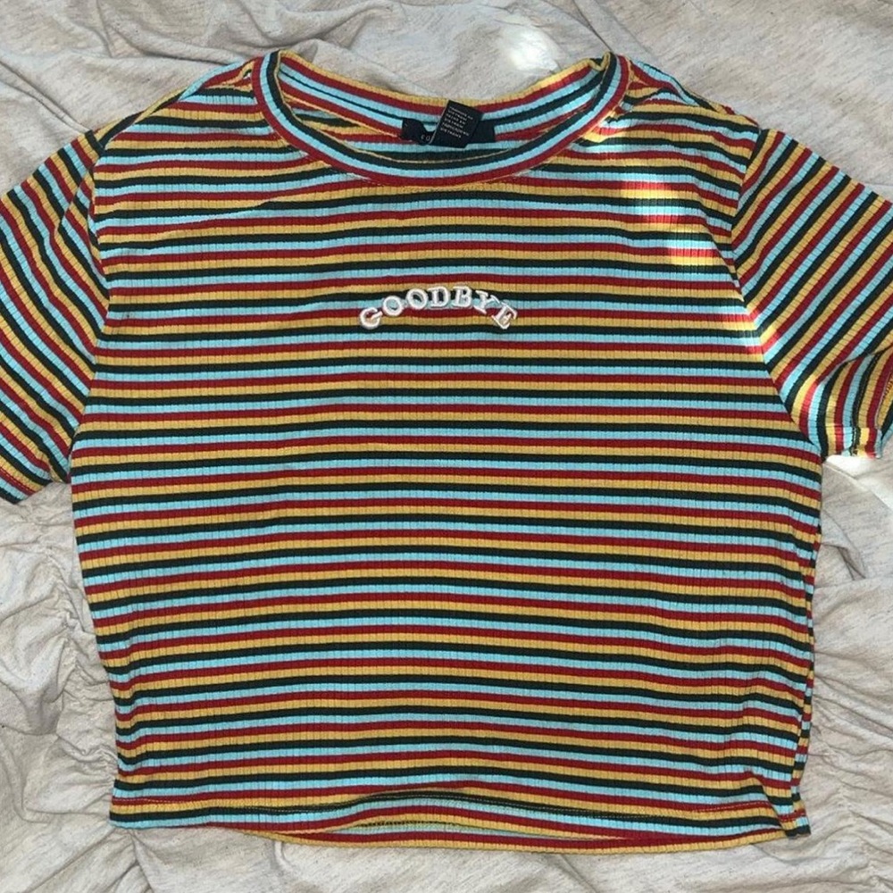 Striped Colorful 'Goodbye' Cropped Tee